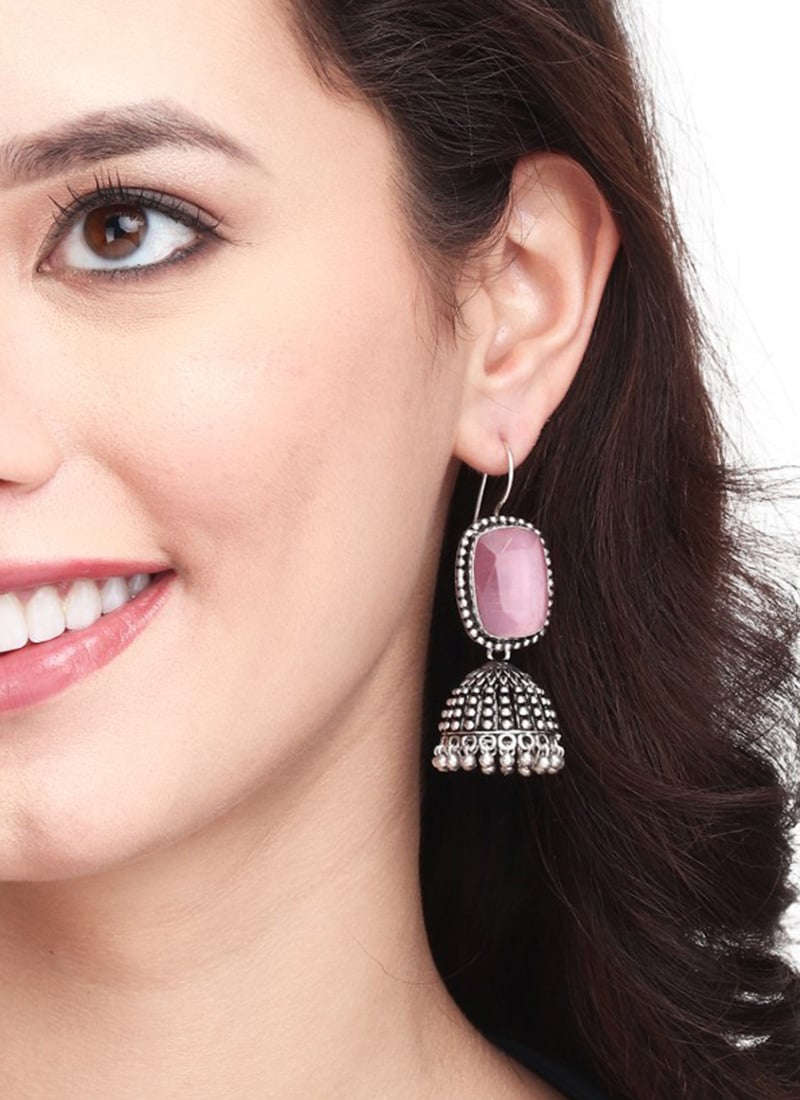 Chic Oxidised Silver Pink Cabochon Jhumka Drops Festive Wear