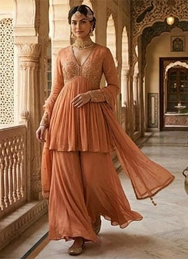 Chic Peach Georgette Zari Sequins Palazzo Suit