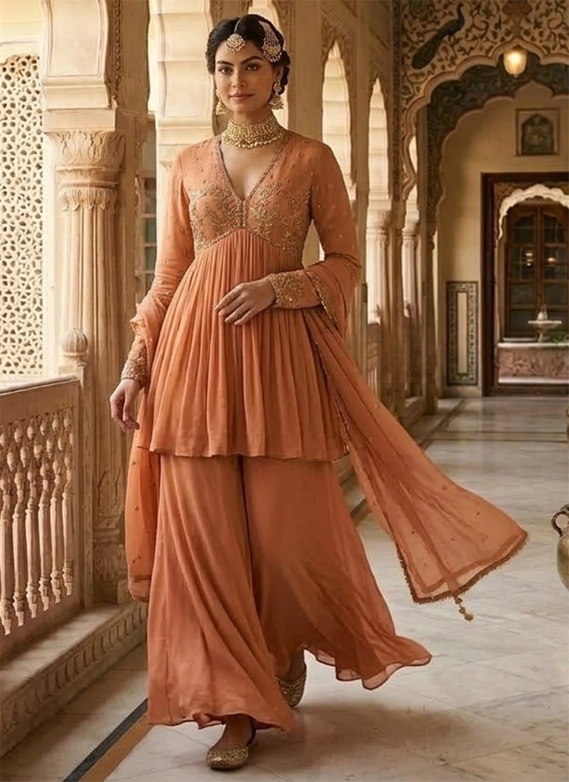 Chic Peach Georgette Zari Sequins Palazzo Suit Festive Wear