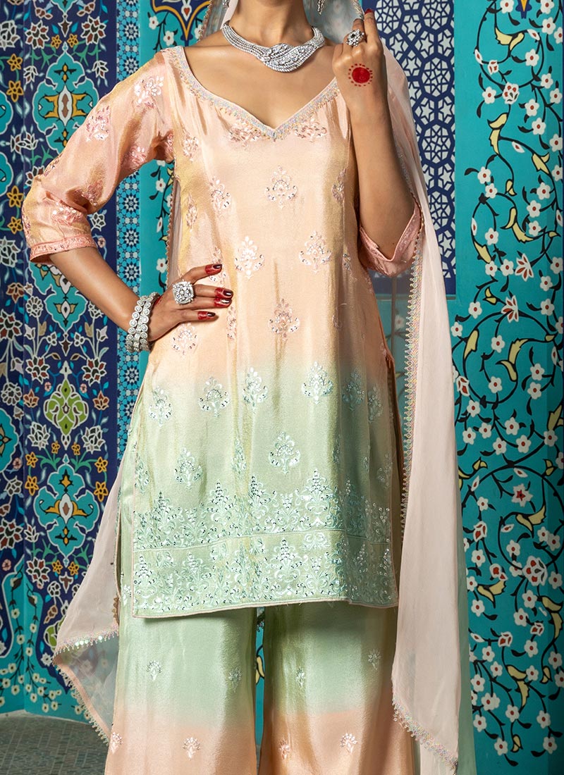 Peach Chinon Ombre Kurta Palazzo Suit With Sequins Threadwork