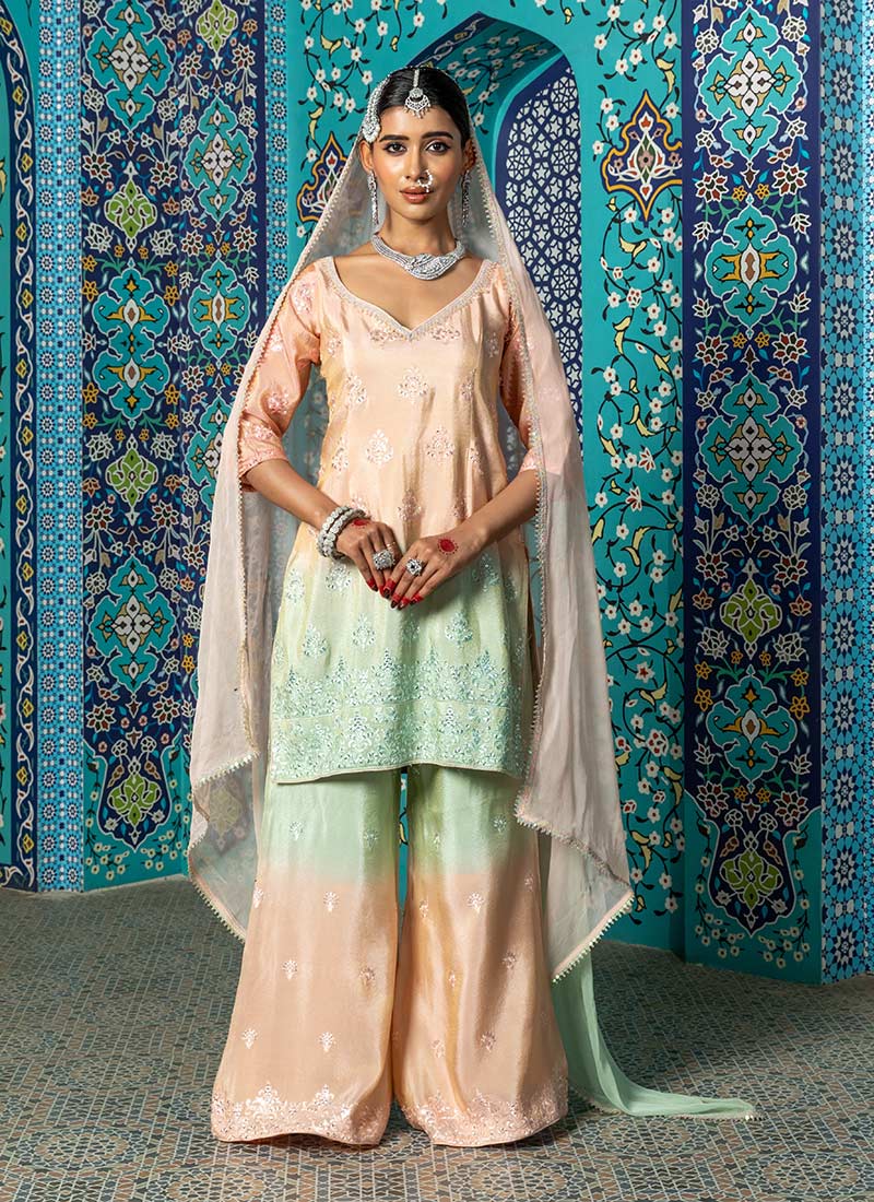 Chic Peach Sequin Palazzo Suit In Luxe Viscose Silk Fabric Festive Wear