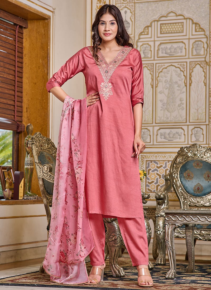 Chic Pink Chanderi Silk Embroidered Kurta Straight Pant Suit After Six Wear