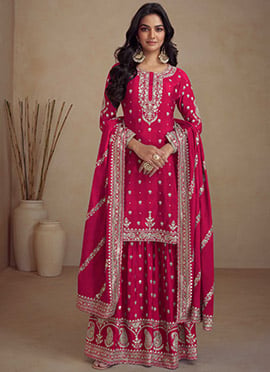 Chic Pink Chinon Embroidered Sequins Palazzo Suit For Occasions