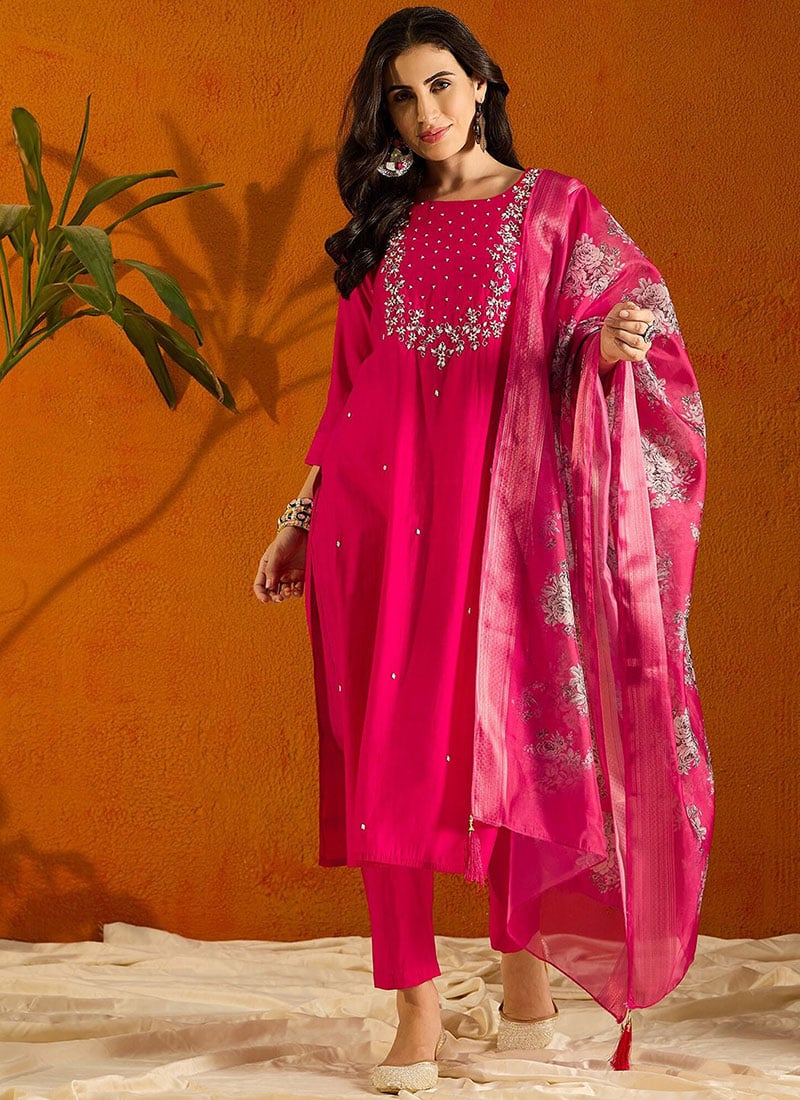 Chic Pink Embroidered Chanderi Straight Pant Suit With Floral Print Dupatta After Six Wear