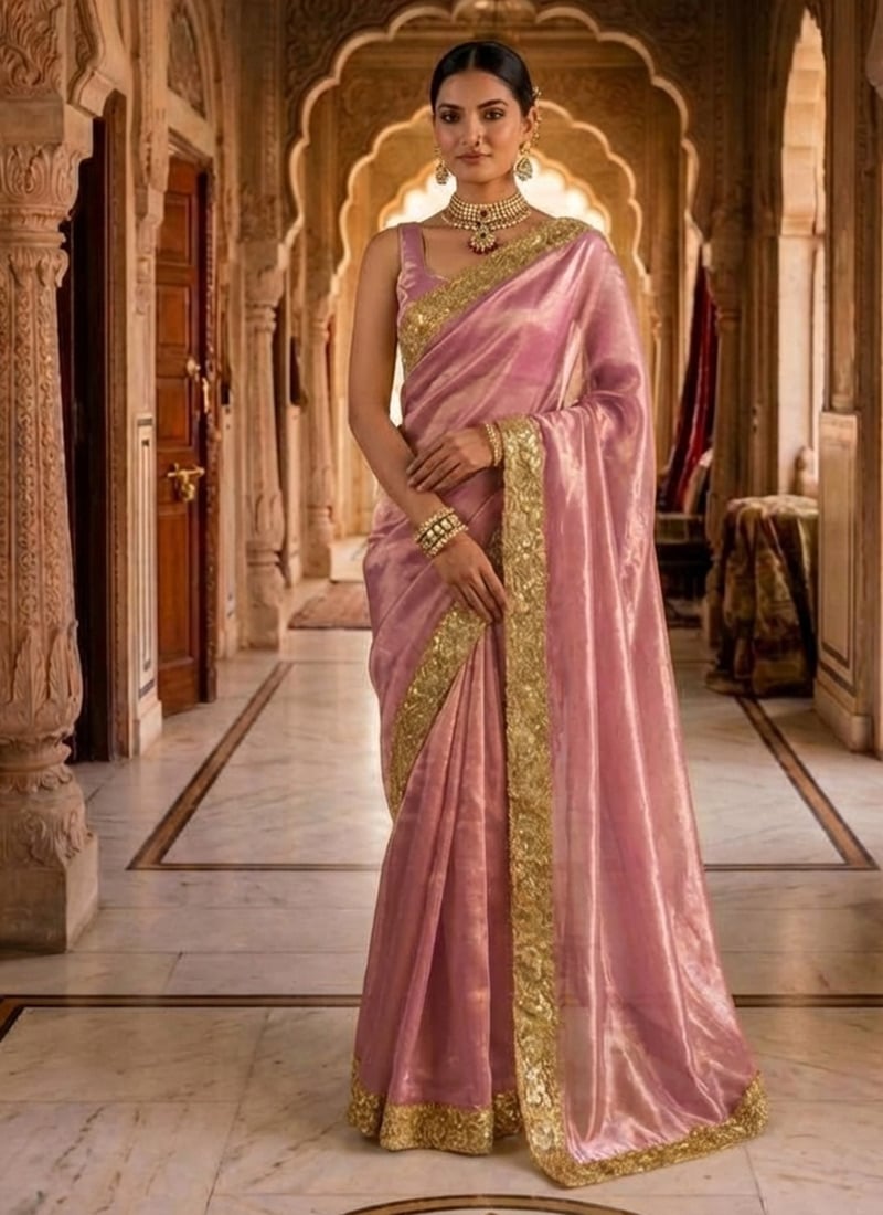 Chic Pink Fendy Silk Ready Lace Work Saree Wedding Wear