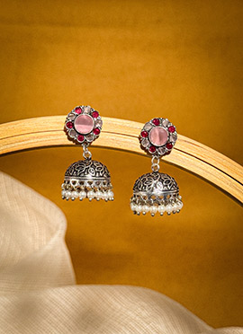 Chic Pink Kundan Beads Oxidised Jhumka