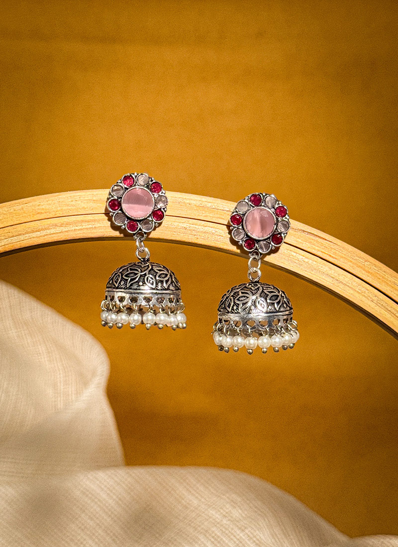 Chic Pink Kundan Beads Oxidised Jhumka Festive Wear