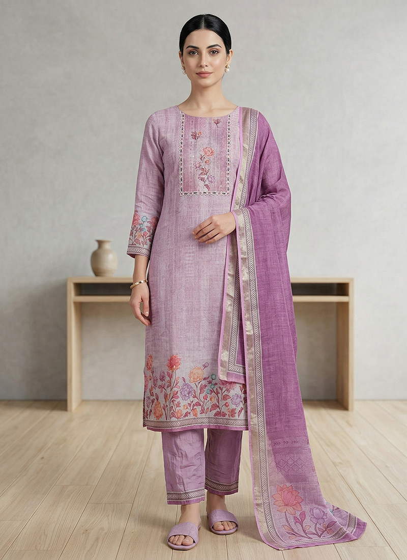 Chic Pink Linen Shimmer Digital Print Straight Pant Suit After Six Wear