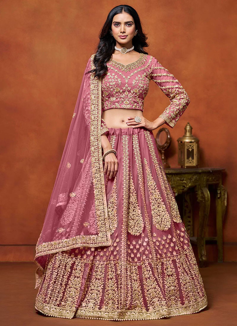 Chic Pink Net Embroidered Sequins Lehenga Wedding Wear