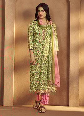 Chic Pista Green Cotton Blend Printed Straight Pant Suit