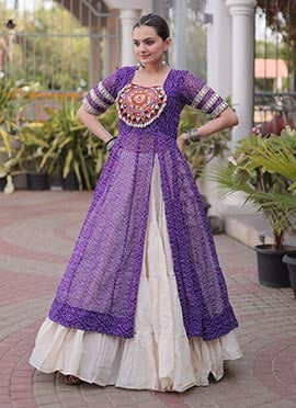 Chic Purple Blended Cotton Gamthi Bandhani Print Indowestern Set For Navratri