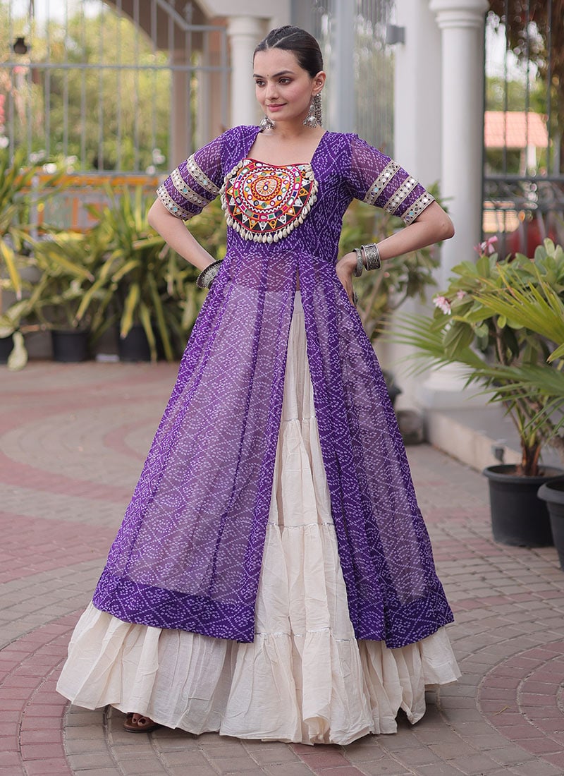 Chic Purple Blended Cotton Gamthi Bandhani Print Indowestern Set For Navratri Festive Wear
