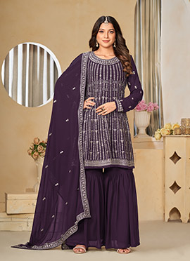 Chic Purple Faux Georgette Embroidered Sequins Sharara Suit