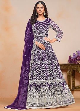 Chic Purple Net A Line Anarkali Suit With Intricate Embroidered Sequins