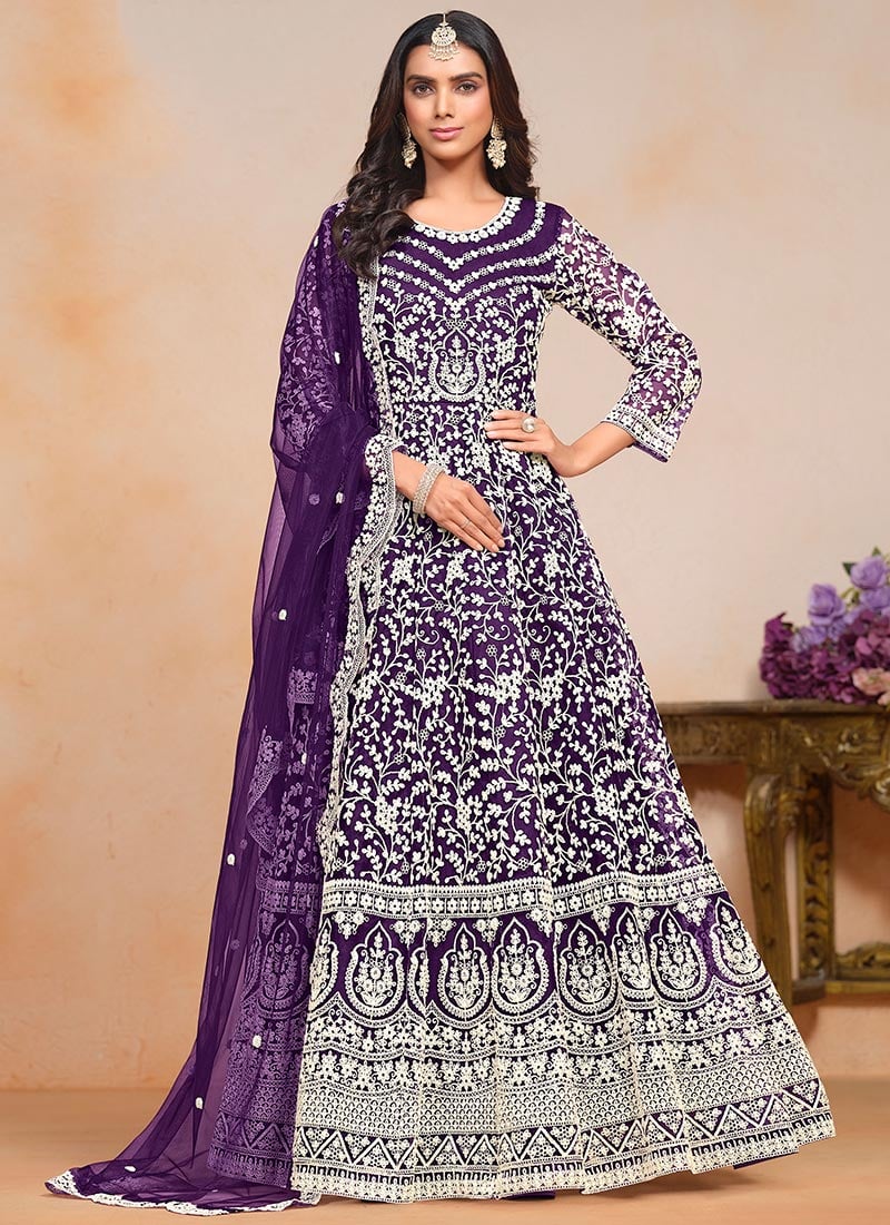 Chic Purple Net A Line Anarkali Suit With Intricate Embroidered Sequins Wedding Wear
