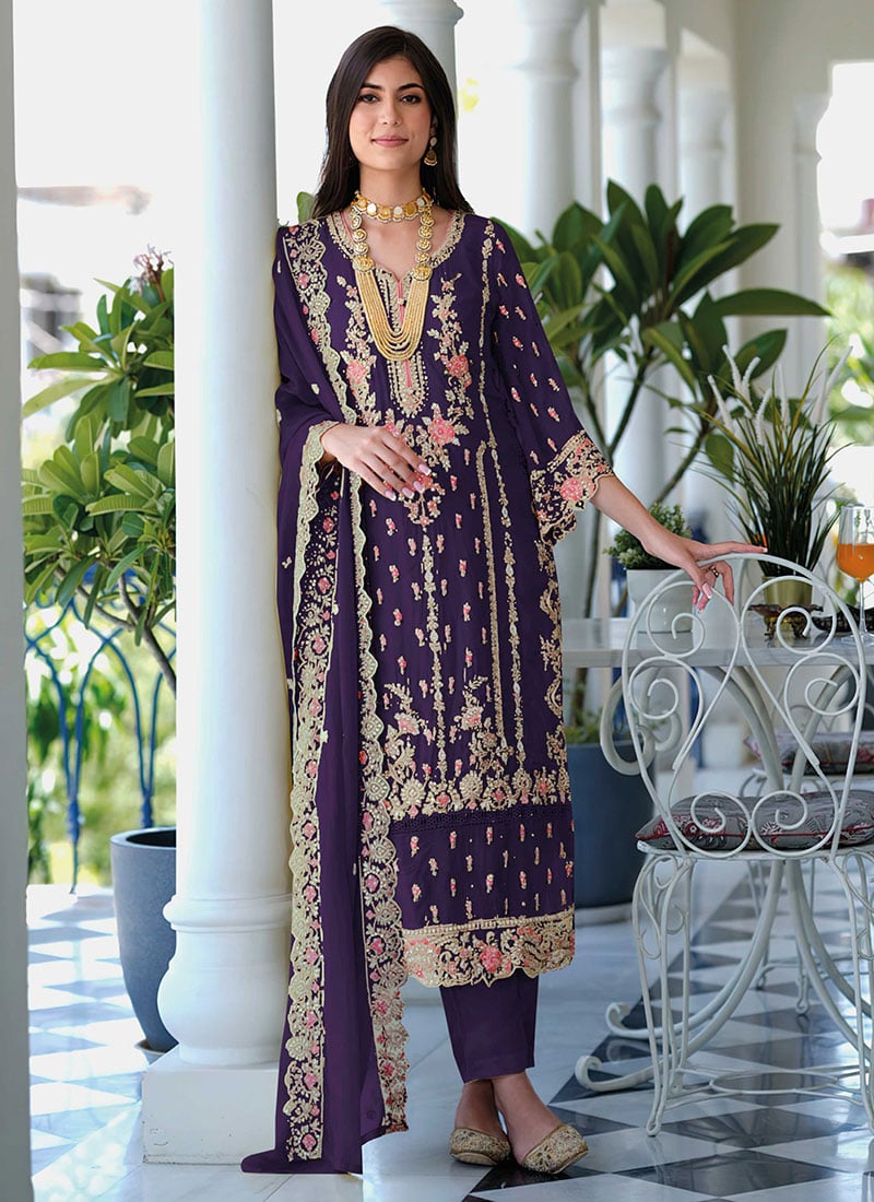 Chic Purple Organza Pakistani Pant Suit Adorned With Sequins And Stone Embroidery Festive Wear