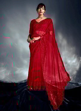 Chic Red Tissue Moti Sequins Saree Wedding Wear