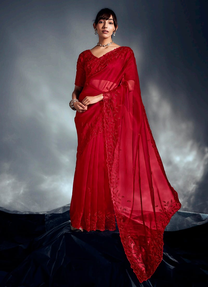Chic Red Tissue Moti Sequins Saree Wedding Wear