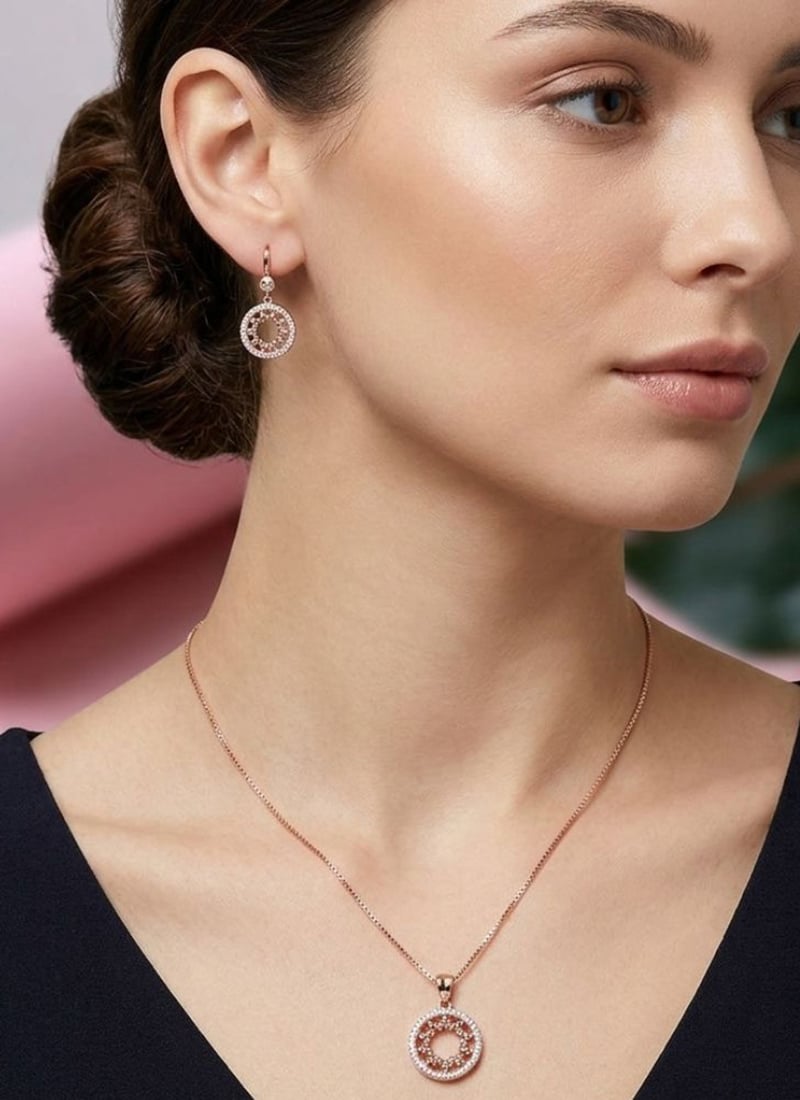 Chic Rose Gold American Diamond Stone Pendant Set Festive Wear