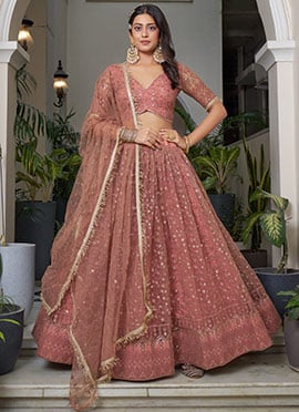 Chic Rust Pink Embroidered Net Lehenga Choli Set with Sequins
