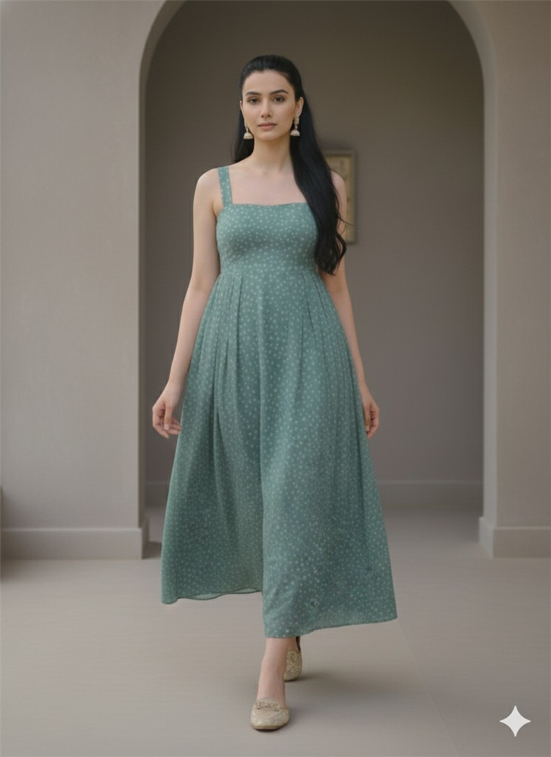 Chic Sage Green Georgette Indowestern Midi Dress After Six Wear