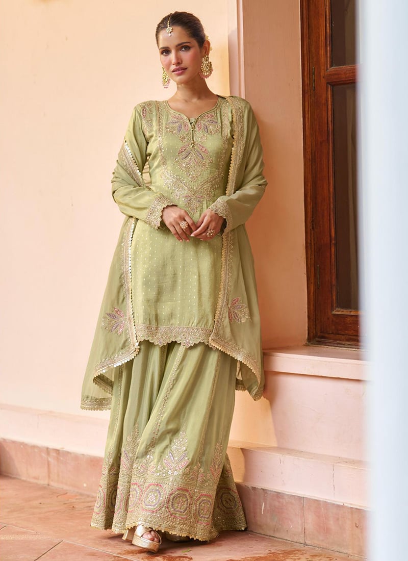 Chic Sea Green Chinon Embroidered Sequins Palazzo Suit Festive Wear