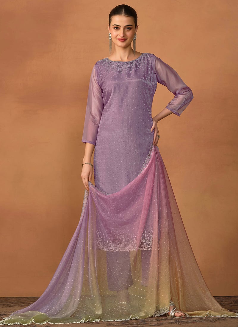 Chic Stone Embossed Lavender Organza Straight Pant Festive Wear