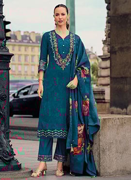 Chic Teal Blue Jacquard Viscose Pant Suit Featuring Delicate Hand Work And Digital Print