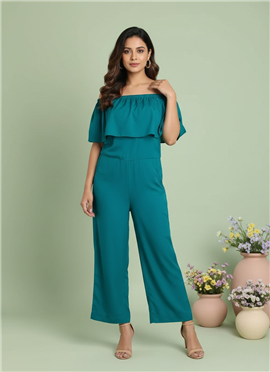 Chic Teal cotton Indowestern Off Shoulder Jumpsuit