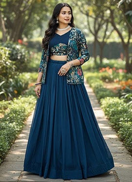 Chic Teal Georgette Printed Indowestern Set and Suit