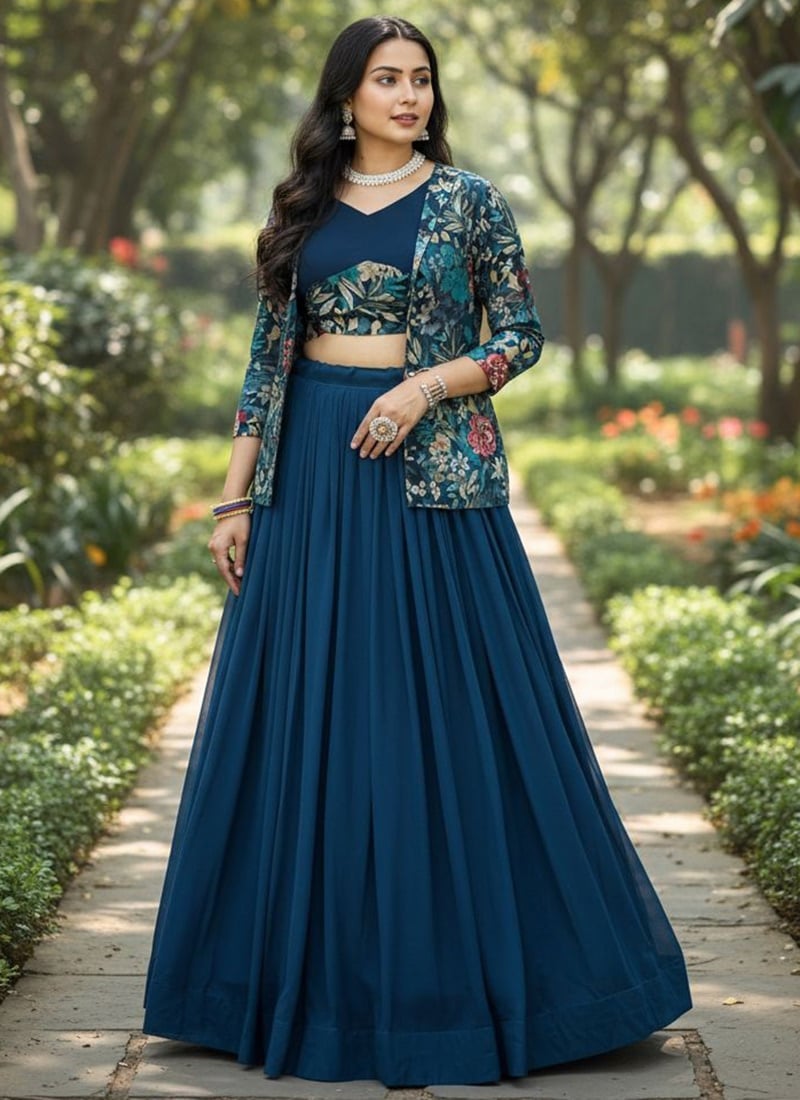 Chic Teal Georgette Printed Indowestern Set and Suit Wedding Wear