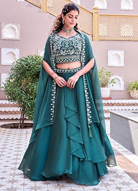 Chic Teal Rangoli Silk Embroidered Sequins Moti Indowestern Set and Suit