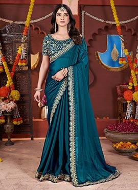 Chic Teal Silk Zari Embroidered Saree