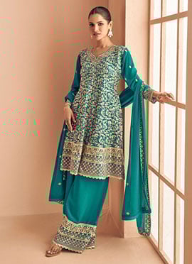 Chic Turquoise Blue Georgette Embroidered Sequins Thread Palazzo Suit