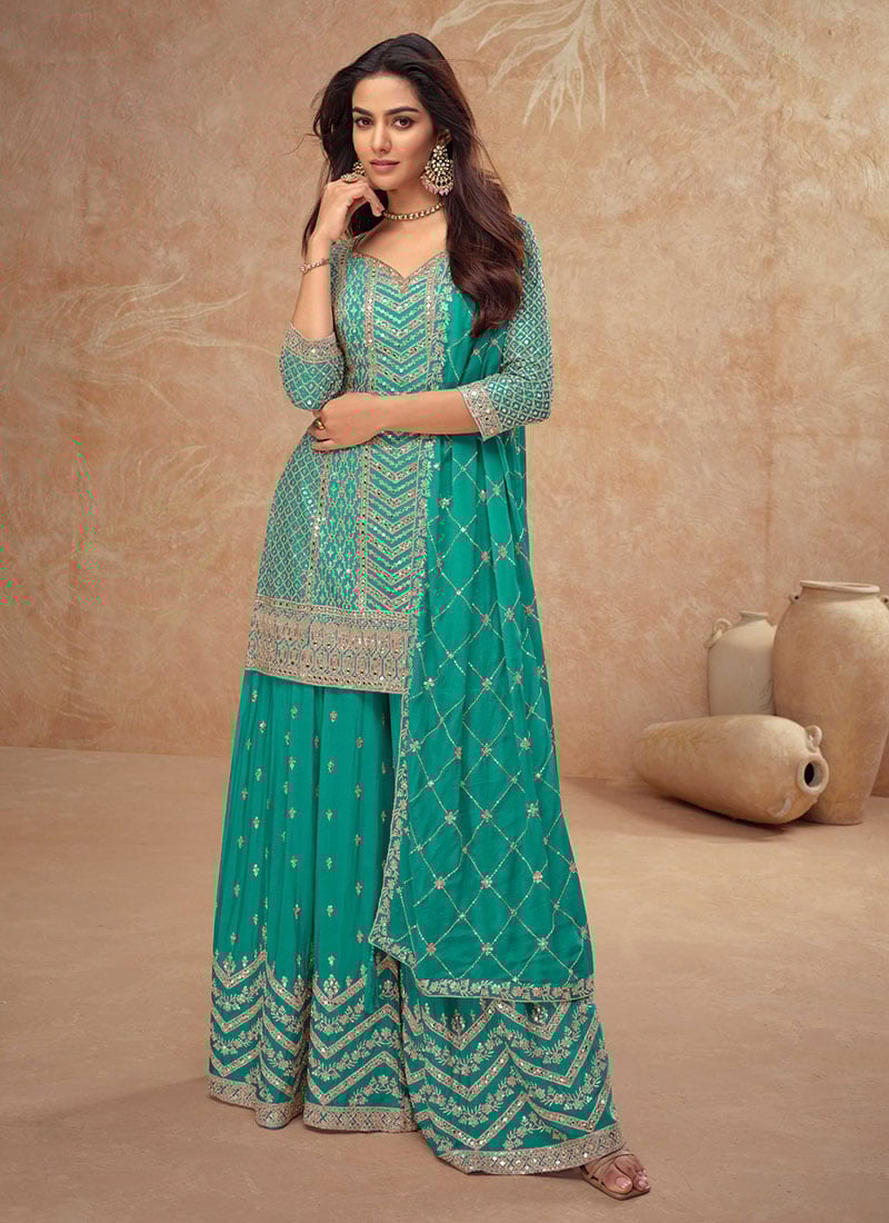 Chic Turquoise Chinon Palazzo Suit With Intricate Embroidered Zari And Gota Sequins Festive Wear