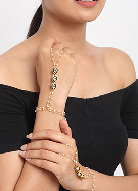 Chic White Beads Kundan Hand Harness Bracelet