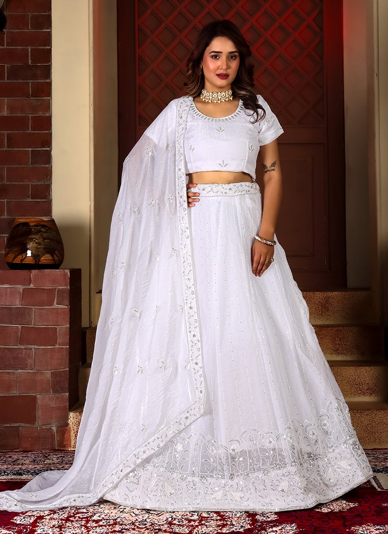 Chic White Fendy Silk Sequins Embroidered Cutdana Umbrella Lehenga Wedding Wear