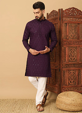 Chic Wine Cotton Blend Sequins Thread Kurta Pyjama