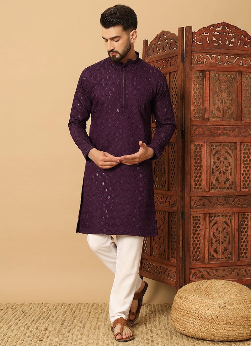 Chic Wine Cotton Blend Sequins Thread Kurta Pyjama Festive Wear