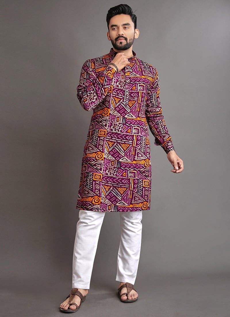 Chic Wine Cotton Foil Print Kurta Pyjama   Festive Wear