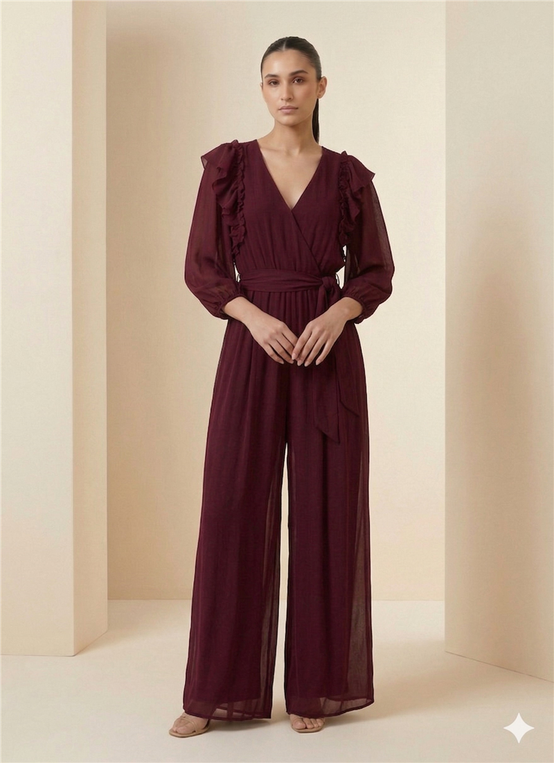 Chic Wine georgette Indowestern Jumpsuit  After Six Wear