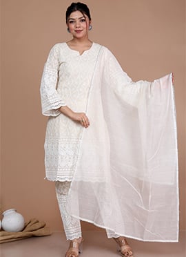 Chikankari Embroidered Cotton Cream With Bell Sleeve Straight Pant Suit