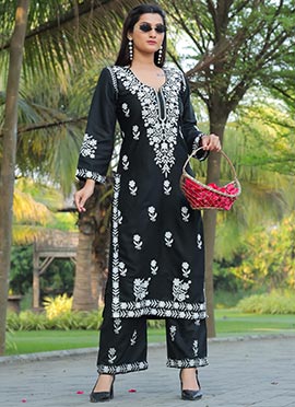 Chikankari Embroidered Rayon Black Kurta Palazzo Set