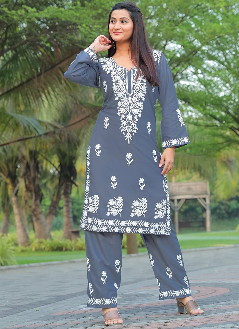 Chikankari Embroidered Rayon Grey Kurta Palazzo Set After Six Wear