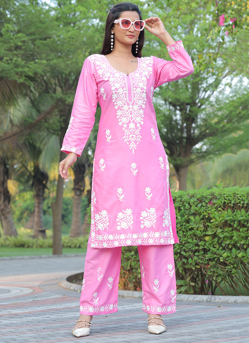 Chikankari Embroidered Rayon Pink Kurta Palazzo Set After Six Wear
