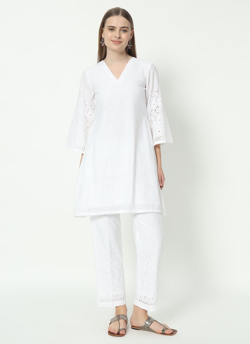 Chikenkari White Cotton Indowestern Co ord Sets After Six Wear