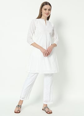 Chikenkari White Cotton Indowestern Co ord Sets