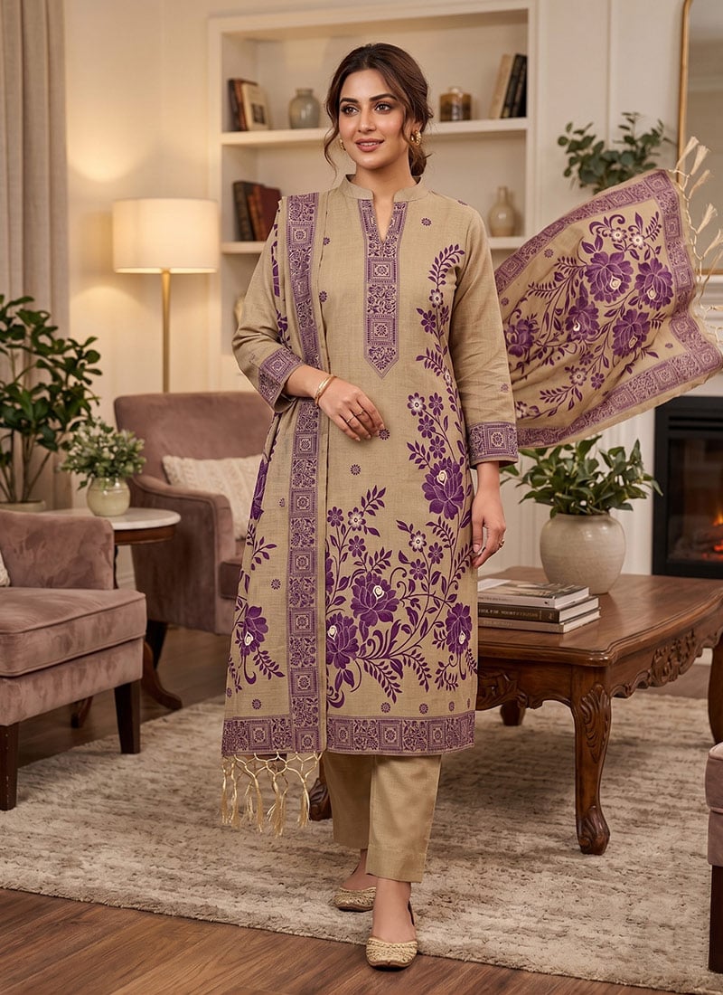Chikoo Banarasi Silk Jamdani Pichwai Weaving Straight Pant Suit Leisure Wear