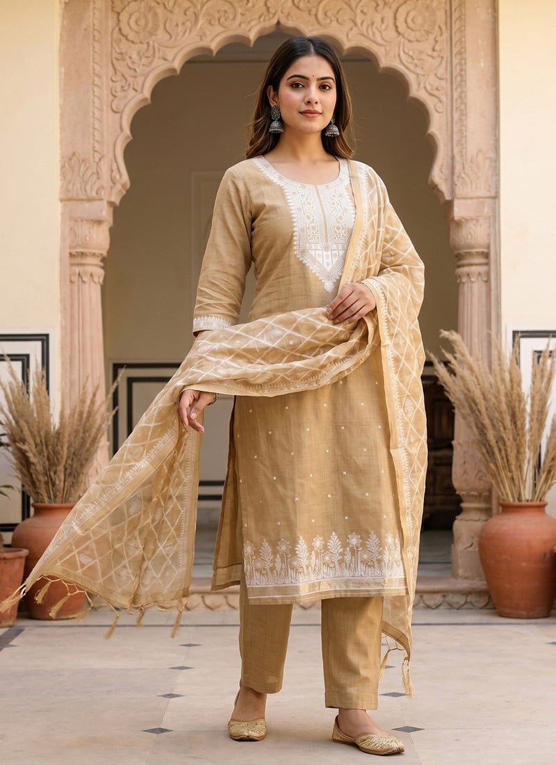 Chikoo Banarasi Silk Jamdani Pichwai Weaving Straight Pant Suit Leisure Wear