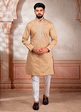 Chikoo Cotton Embroidered Kurta Pyjama For Men